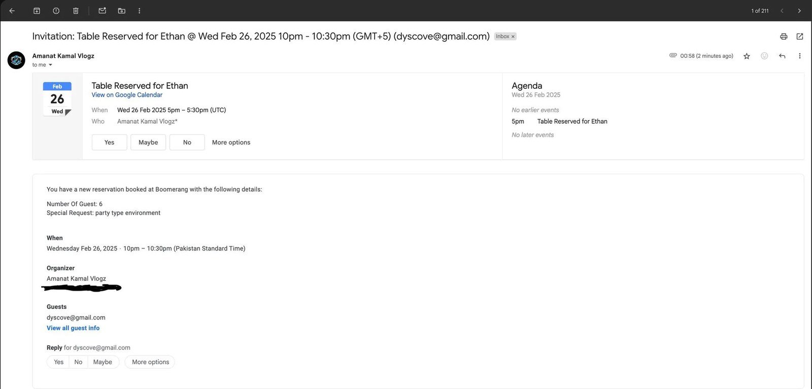 Restaurant Reservation Confirmation